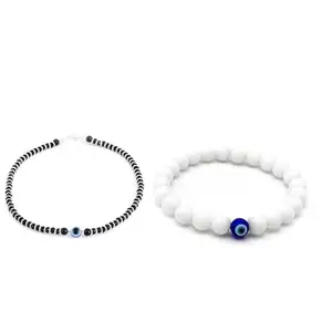 Women's Nazar Bracelet Set, Black and White Beaded Bracelets SET OF 2