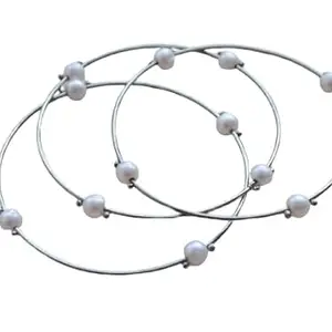 PRETTY PONYTAILS Pretty Ponytails Simple Lightweight Oxidized Silver Pearl Contemporary Bangle Set for Girls Women