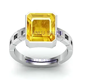 Anuj Sales Yellow Sapphire Pukhraj 10.25 Ratti 9.00 Carat 92.5 Sterling Silver Ring Natural Yellow (Pukhraj) Gemstone Ring for Men's and Women's by Lab - Certified