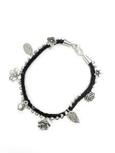 Arte Jewels 925 Oxidised Silver Black thread Thread Anklet with silver charms