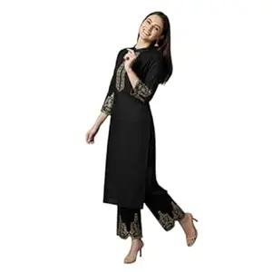 SHANTVAN GALLERY Kurti Set for Women Roman Silk Straight Kurta with Pant Embroidered Kurti Pant Set Women Kurta Set with Straight Pants Ethnic Wear for Office Casual Wear