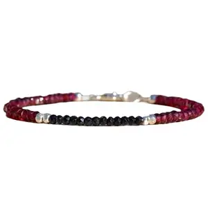 LKBEADS Natural Round Shape Smooth Cut Beads Stretchable Bracelet for Men & Women Garnet & Black Onyx Rondelle Faceted Multicolor 7 Inch Bracelet
