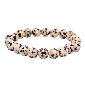 RRJEWELZ Natural Dalmatian Jasper 10mm Round Shape Smooth Cut Beads 7 Inch Stretchable Bracelet For Men & Women. Unisex Bracelet For Healing, Meditation, Prosperity, Gift & Luck|STBR_RR_11126_7.0