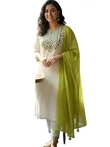 Women's Rayon Slub Kurti Pant Dupatta Set | Three-Quarter Sleeve Ethnic Kurta Pant & Chanderi with Digital Print Dupatta Set White