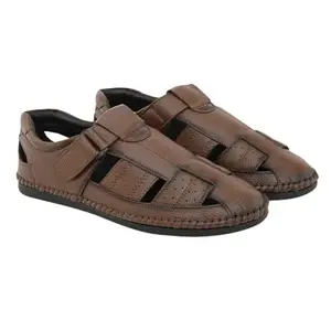 IMCOLUS Sandal Leather Material Velcro Roman Shoes for Men | Tan Color | Size - 7