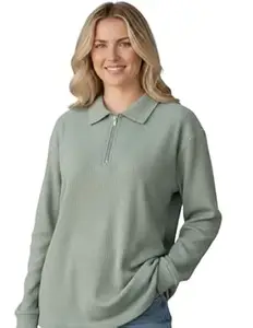 Mack Jonney Women’s Ribbed Zip Polo T-Shirt | Full Sleeve Collared Top | Camel Beige Casual Sweatshirt | Regular Fit-M7403