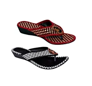 Women's Textile Flip-Flops Slippers, Pack Of 2 (Maroon-Black-Numeric_6)