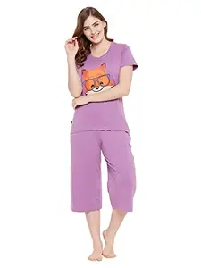 Clovia Women's Cotton Printed Top and Basic Capri Set (LS0598A15_Purple_XL)