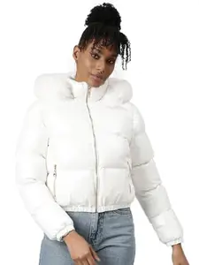 SHOWOFF Women's Long Sleeves Solid White Puffer Jacket Comes with Detachable Hood-8815_White_S