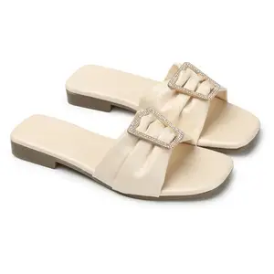 KKF Footwear Women's Casual stylish comfotable Slip On Flat Sandals Chappal for Girls (Cream)