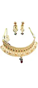 SGN FASHION Antique Gold Multicolour Choker Necklace Set with Earrings & Maang Tikka for Women & Girls – Traditional Bridal Jewelry