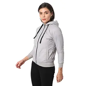 Campus Sutra Women's Grey Puffer Regular Fit Bomber Jacket For Winter Wear | Collar With Hoodie | Full Sleeve | Zipper | Casual Jacket For Woman & Girl | Western Stylish Jacket For Women