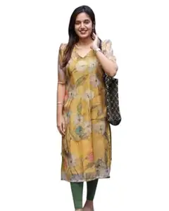 NEW FUSION FABRIC Women Organza Fabric Digital Printed Short Sleeves Pattern Kurti for Women, Long Kurti
