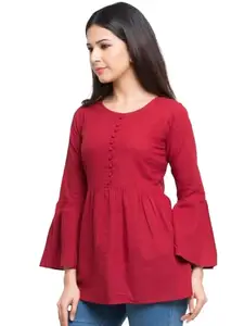 Women's Casual Bell Sleeves Solid Cotton Top (Maroon, L)-PID48585
