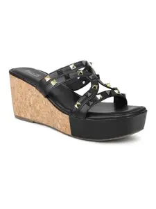 INC.5 Women Black Studded Open Toe Wedge Heels