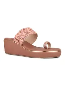 Inc.5 Women Rose Gold Ethnic Embellished Round Toe Wedge Heel Sandals