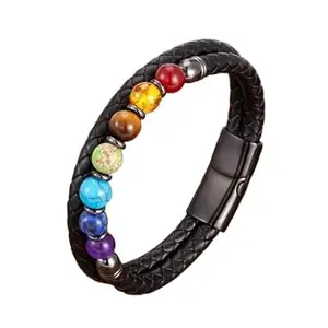 WorldwideGem Natural Seven Chakra Bracelet With Leather Strap 7 Chakra Bracelet Original Certified 7 Chakra Crystal Bracelet Real Saat Chakra Bracelet Seven Chakra Bracelet Leather Braided Bracelet