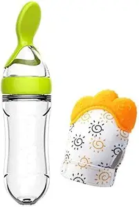 MOM'S PRIDE 90ML Newborn Baby Feeding Bottle | Toddler Silicone Squeeze Feeding Spoon Milk Cereal | Training Feeder and Mitten Glove Silicone Teether | (Set of 2) (Green)