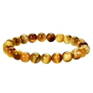 RRJEWELZ Natural Honey Tigers Eye Round Shape Smooth Cut 8mm Beads 7.5 inch Stretchable Bracelet for Healing, Meditation, Prosperity, Good Luck | STBR_04184