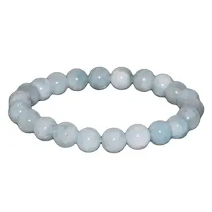 RRJEWELZ Natural Aquamarine 8mm Round Shape Smooth Cut Beads 7 Inch Stretchable Bracelet For Men & Women. Unisex Bracelet For Healing, Meditation, Prosperity, Gift & Luck|STBR_RR_10018_7.0