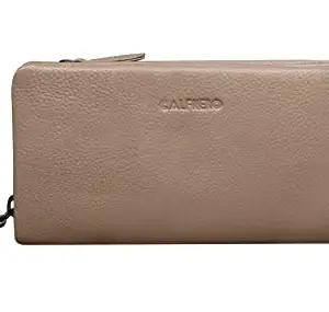 Calfnero Women's Genuine Leather Wallet-Long Purse Wallet with Multiple Card Slots, Zip Pocket and Note Compartments (Beige)