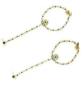 SheCARIO Gold Plated Ring Bracelet | Kundan and Pearl Haath Phool | Panja | Bracelet for Girls & Women - Set of 2
