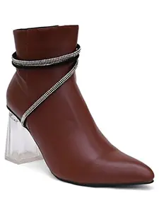 Shuz Touch Women Solid Embellished Transparent Smart Casual Block Heel Boots - Brown | Size : 3