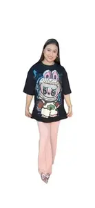 Style ON ME Women's Labubu Over Size Pemium Cotton Long-line All Over Printed T-Shirt || T-Shirt for Women & Girls (in, Alpha, L, Regular, Standard, Navy Blue)