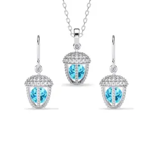 Clara 925 Sterling Silver Acorn Blue Solitaire Pendant Earrings Chain Necklace Jewellery Set | Platinum Plated, Swiss Zirconia | Unique Gift for Women and Girls