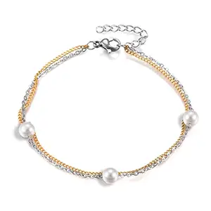Via Mazzini No-Tarnish No-Rusting Stainless Steel Two Strand Pearl Bracelet For Women and Girls (Bracelet0215) 1 Pc