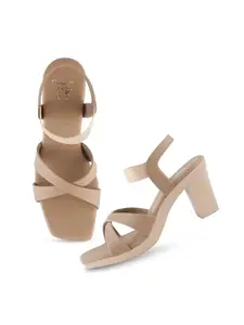 JM LOOKS Women's Block Heels Sandal Open Toe Platform Ankle Strap Heels for Women High Chunky Block Wedges Sandals - Beige