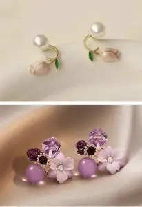 Korean Style Purple Crystal Earrings for Women Fashion Pearl Alloy Stud Earring