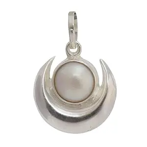 Sterling Half Moon Pearl Pendant with Black Cord, Traditional Chand Moti Design, Medium Size, Half Moon Shape Chand Moti Pendant with Pearl for Men and Women (Medium) WITH BLACK DORI