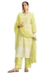 DRESOUL Women Pure Cotton Schiffli Embroidered Kurta Set with Pants Inner and Dupatta