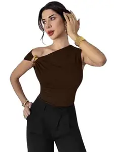 TIVANTE Solid Asymmetric Neck Crop Top for Women with Buckle Detail | Sleeveless top for Women | Korean top