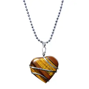Takshila Gems® Natural Tiger Eye Pendant for Men and Women in Wire Wrap with Chain 13 Grams (Heart Shape Tiger Eye Locket)