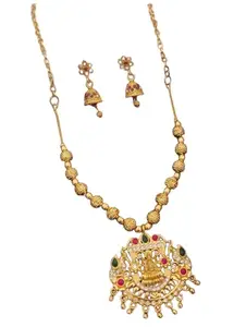 Traditional & Unique Gold Plated Temple Laxmi Jewelry Necklace Set with Multi Kempu Stones & Pearl Fringe | Bridal Long Haar for Festivals