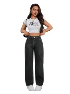 KOTTY Womens High Waist Regular Fit Ankle Length Clean Gery Denim Jeans