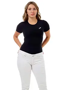 JUST RIDER Women Compression T-Shirt, Top Half Sleeve Plain Athletic Fit Multi Sports Cycling, Cricket, Football, Badminton, Gym, Fitness & Other Outdoor Inner Wear (Black h/s, s)