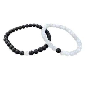 RRJEWELZ lava stone & moonstone 6mm Round Smooth beads Long Distance Couples Love Friendship Combo Bracelet Set - Couples Relationship 7.5 inch Stretchable Bracelets set|RR_CPBR_180_7.5