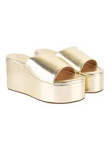 Shoetopia Women’s Stylish Golden Platform Wedge Heels – Slip-On Comfortable Casual Party Comfortable FootWear Sandals EU37