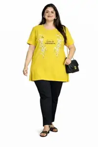In Love Women's Cotton Plus Size Half Sleeves Semi Long Printed Tshirt for Summers with One Side Pocket for Ladies L to 7XL