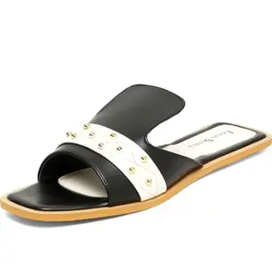 LOUIS STITCH Women’s Fashion Flat Slip-On Sandals | Open Toe Black and White Stylish Flat Slipper for Ladies, Comfortable All Day Wear Slipper (LSOF-LDSL-BDPJB) (Size- 6 UK)