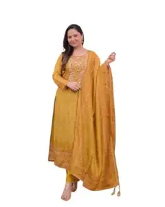 Achintya Crafts Women's Silk Embroidered Straight Kurti With Pant and Dupatta set