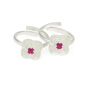 LBV 925 Sterling Silver Floral Toe Ring for Women with Pink Stone | Adjustable and comfortable Boho Toe Ring | Ethnic & Casual Wear Foot Jewellery