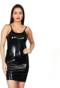 ZENVEE Women's Bodycon Mini Dress, Black, Wet Look Faux Leather, Spaghetti Strap, Party Clubwear