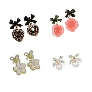 4 Pairs Stud Earrings Set, Pink Rose and Pearl Flower Design