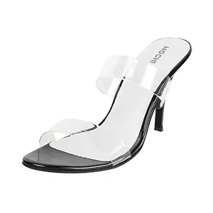 Mochi Women's Black Fashion Stiletto High Heel Slip On Sandals | Premium Synthetic Open Toe Footwear w/ Transparent Upper | Lightweight Comfort | Casual Party Stylish Elegant Wear | UK 6