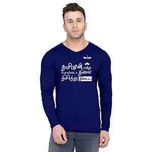 Fashions Love Men Cotton Full Sleeve V Neck Tamilan Printed T Shirt FSVN-0149-S Navy Blue