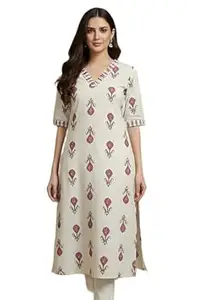 Kalaanj Women's Floral Printed Straight Fit Long Kurti |Comfortable Cotton Kurta | Everday Wear Casual Summer Kurtis